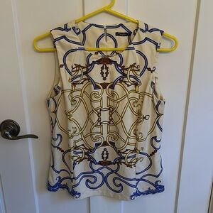 Versace-inspired J. McLaughlin Blue & cream luxe pattern sleeveless top, size M